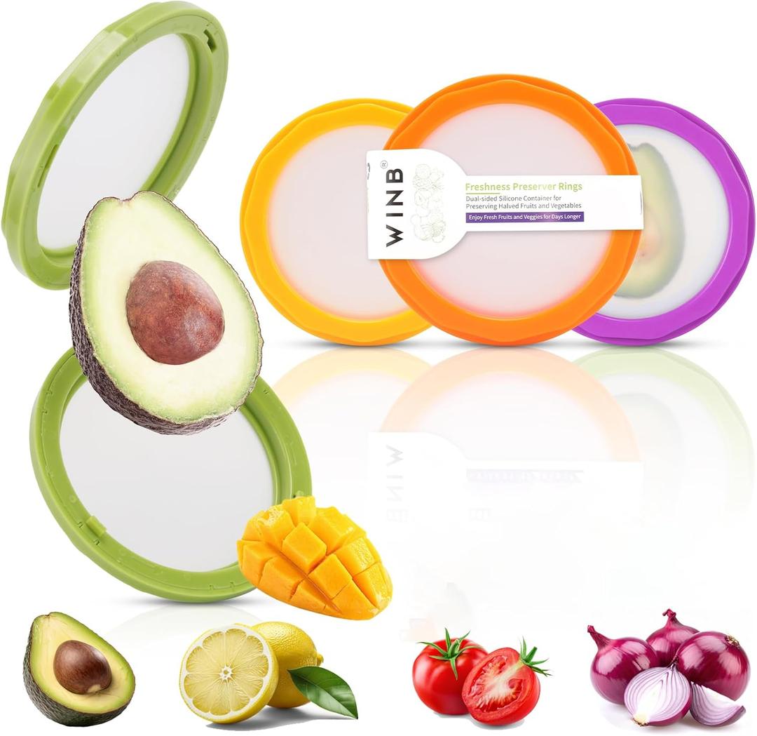 Winb Avocado Saver & Onion Storage Set of 4 Reusable Fruit and Veggie Savers - Ideal for Avocados, Tomatoes, Apples, Garlic, Onions, and More (Yellow & Orange & Green & Purple)