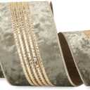 Ribbli Dusty Green Velvet Wired Ribbon with Luxurious Glittering Stripe 4 Inch Christmas Ribbon for Tree Gift Wrapping Wreaths Garland Topper Bows Crafts Home Decor -10 Yards