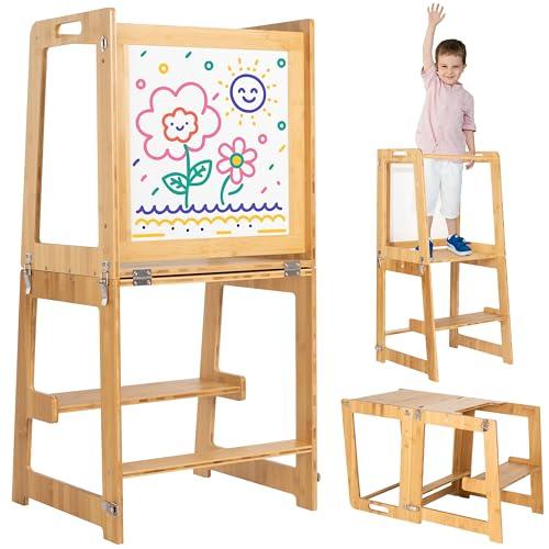 Toddler Tower - Toddler Stool for Kitchen - 3-in-1 Toddler Kitchen Step Stool - Foldable Toddler Tower Features: Tabletop, Step Stool Ladder, and Whiteboard with Included Markers and Dry Eraser