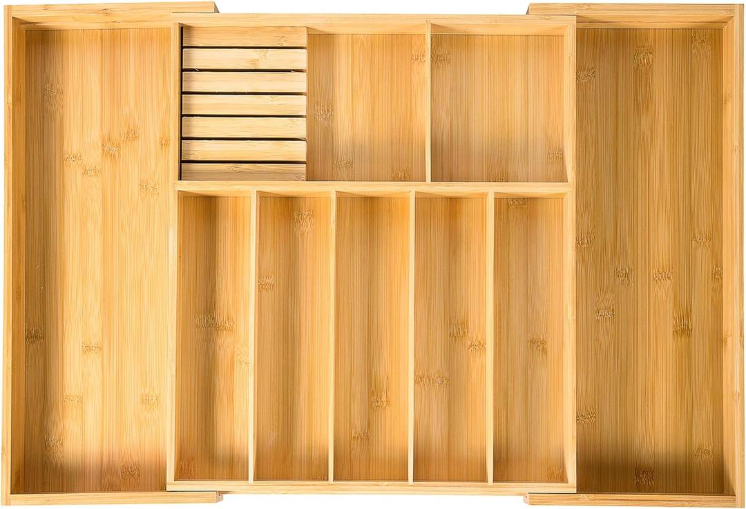 VaeFae Extra Large Kitchen Utensil Holder, Bamboo Silverware Drawer Organizer, Expandable Cutlery Organizer with Knife Block, Multifunctional Wooden Drawer Divider