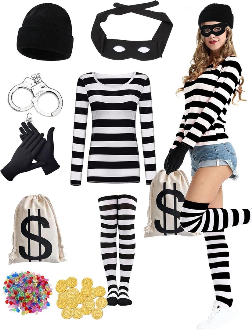 Halloween Robber Costume Set, Burglar Costume Women, 9 Pieces Cosplay Thief Bank Robber Black and White Striped Shirt (Medium)