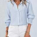 Women's Striped Button Down Shirts Long Sleeve Smocked Cuffed Oversized Boyfriend Blouses Collared Work No Pockets Tops (Blue)