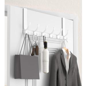 KitchLife Over The Door Hooks Hanger with 7 inches Extended Arms, Fits 1-3/4" Doors, F18U, Bathroom Towel Rack Organization, Thickened 6-Double Hook, Glossy White