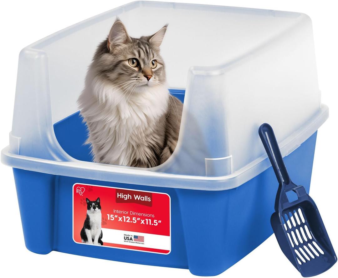 IRIS USA Large Open Top Cat Litter Box with High Sided Walls, Tall Scatter Shield, Scoop Included Easy Clean Plastic Pan Stain Resistant for Big Cats Kittens Indoor Multi-Cat Households (Blue)