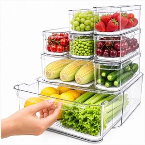 SMRCAD Refrigerator Organizers and Storage, 8 Pack with 1 Pull-Out Drawer and 7 Lidded Bins, Fruit Storage Containers for Fridge with Drain Trays, Helps Keep Produce Fresh