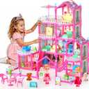 Pupu Pig Doll House Toys for Girls, Dollhouse with Glow in the Dark, Kids Doll House Playset with 4-Story 14 Play Areas, 2 Dolls, Toy Dogs, Dollhouse Accessories and Furniture, Princess Toy Gifts