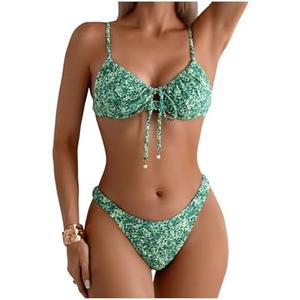 SOLY HUX Women's 2 Piece Bikini Sets Boho Floral Print Underwire Swimsuit Tie Front Cut Out Bathing Suit, M