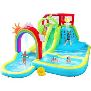 Inflatable Water Double Slides Park with Blower, Bouncy Castle with Rainbow Water Curtain, with Shooting and Rock Climbing