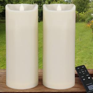 Pack of 2 Large Ivory LED Candles Outdoor 4x10 - Unscented IP65 Waterproof Battery Powered Flameless LED Pillar Candles with Remote Timer - Oblique Edge Battery Flameless Candles Flickering