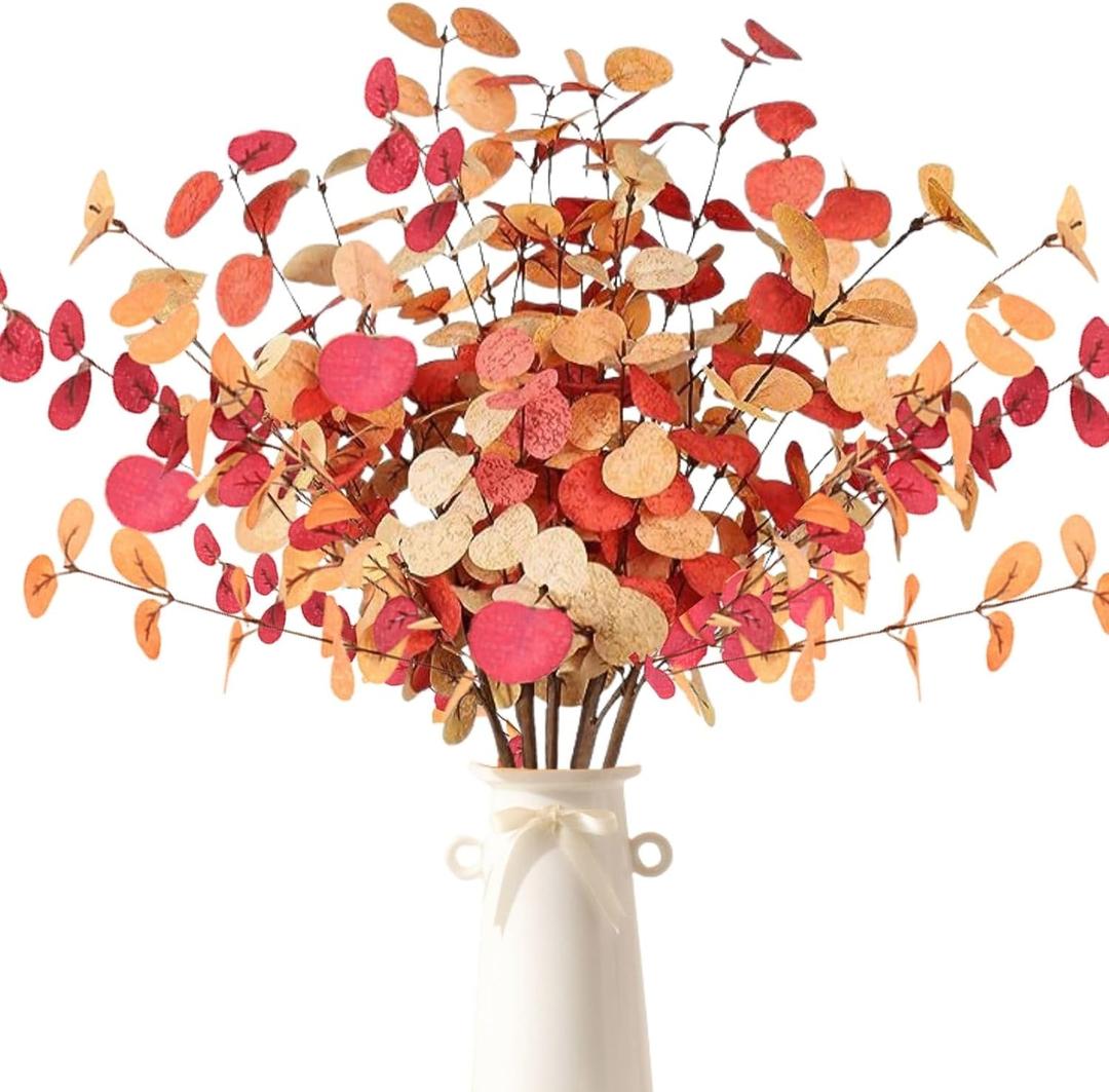 ASTRYAS 6Pcs Fall Artificial Eucalyptus Stems Long Silver Dollar Leaves Fake Silk Eucalyptus Leaf Branches for Indoor Home Autumn Festival Thanksgiving Decor