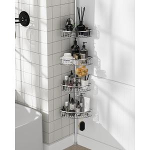 Corner Shower Caddy Tension Pole: Aluminum Shower Caddy Rod with Stainless Steel 4 Adjustable Rustproof Shelves Organizer for Bathroom, 47-121 inch, No Drilling, Quick Installation, Heavy Duty (Silver)