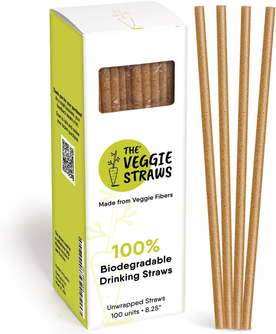 The Veggie Straws  100 PCS of 8.25 Inches Unwrapped Biodegradable Straws  Made of Vegetable Fibers, Best Environment Friendly Drinking Straws for Hot and Cold Beverages