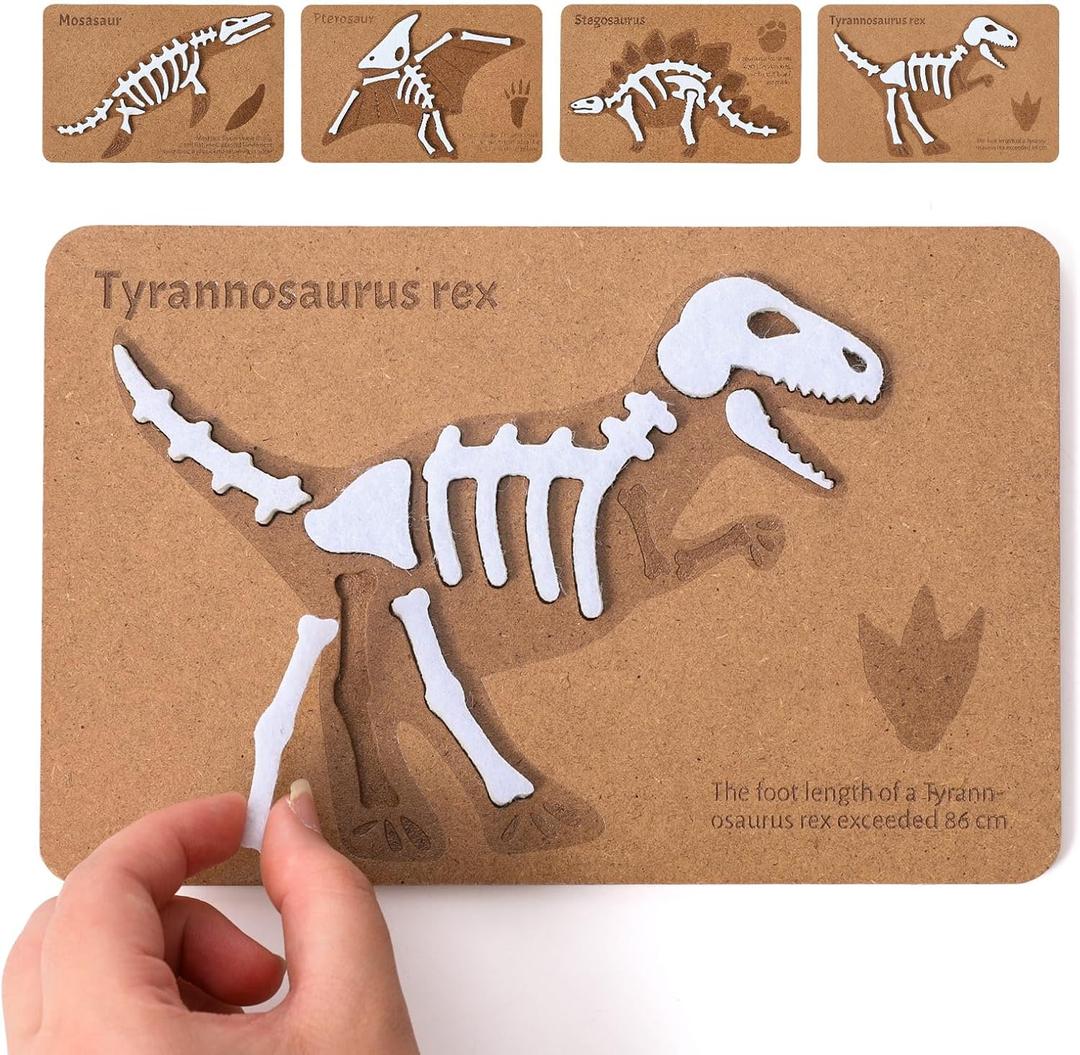 Dinosaur Felt Skeleton Puzzle Set - Mosasaur, Pterosaur, Stegosaurus & T-Rex, Dinosaur Fossil Puzzles 4 High Density Fiberboard - Montessori Educational Toy for Kids 3+
