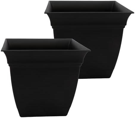 The HC Companies Eclipse Square Plastic Planter w/Attached Saucer - Outdoor & Indoor Plant Pot with Drainage Holes - Lightweight, UV-Resistant Plastic Pots for Plants (12" Black, Pack of 2)