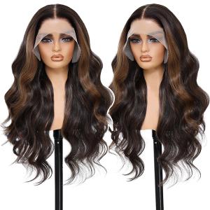 Highlight Brown Mix Black 13x6 100% Futura Premium HD Lace Body Wave Synthetic Lace Front Wigs Pre Plucked Wigs For Women 28 Inch Ready Wear Wig Beginner Friendly Daily Party Use