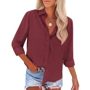 siliteelon Button Down Shirts for Women Dress Shirts Long Sleeve Wrinkle Free Work Office Fitted Blouse Tops with Pocket (Large, Dark Red)