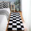 KICMOR Fluffy Soft Runner Rug for Bedroom Living Room, 2x6 Black and White Checkered Rugs Fuzzy Plush Shaggy Bedside Carpet, Non Slip Long Rug for Kids Girls Boys Room Nursery Home Decor Aesthetic