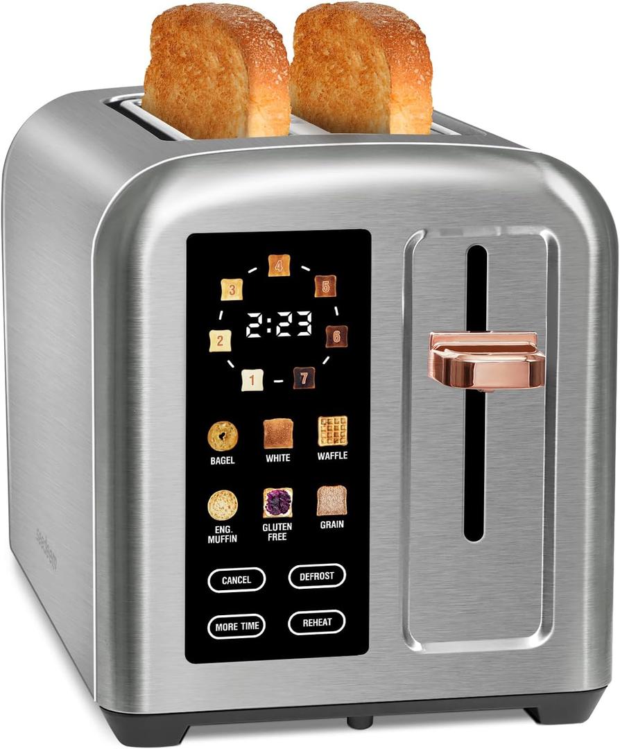 SEEDEEM Toaster 2 Slice, Touch Control Stainless Toaster LCD Display, 50% Faster Heating Speed, 1.4'' Wide Slots, More Timer Functions, Removable Crumb Tray, 1350W, Silver White