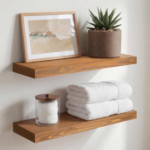 Homeforia 18 inch Golden Oak Floating Shelf, High End Solid Real Wood 18inch Small Floating Shelves for Wall Mounted, Oak Wooden 18in Floating Shelves, Heavy Duty Bracket, 18 X 6.5 X 1.75 in, Set of 2