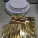 bUCLA 150PCS White and Gold Plastic Plates Disposable - 25 Guests Gold Dinnerware Set - Include 25 Each (Dinner & Dessert) Plates, 25 Knives, 25 Forks, 25 Spoons & 25 Cups for Party