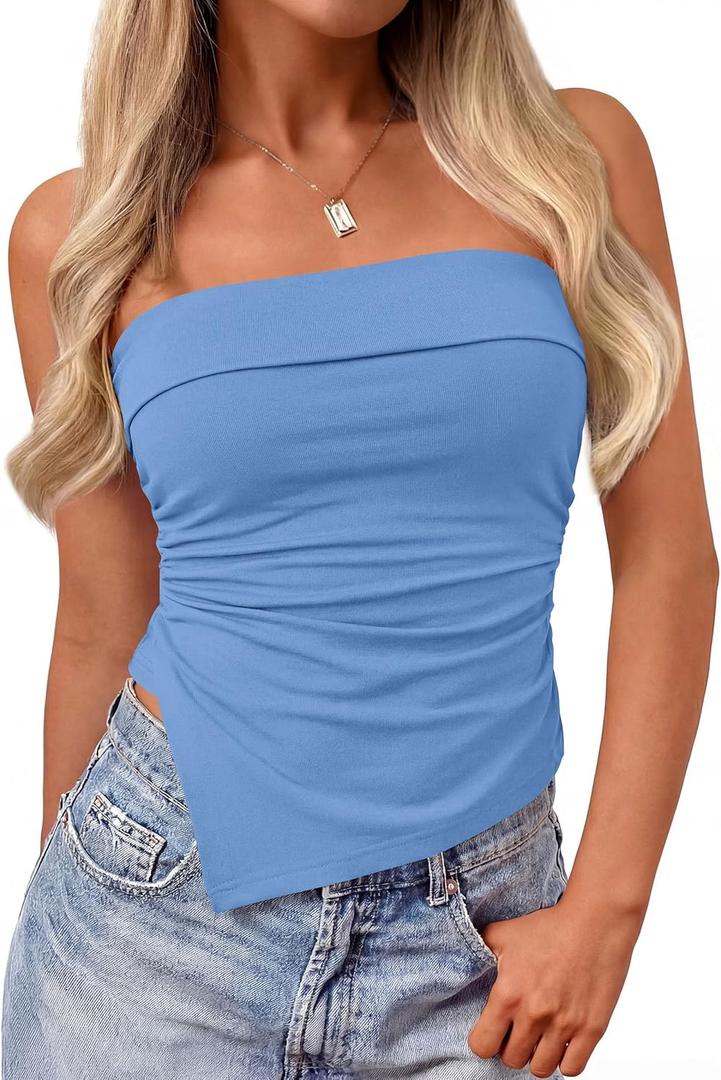 PRETTYGARDEN Going Out Tube Tops for Women Trendy Summer 2026 Asymmetrical Ruched Strapless Bandeau Shirts Spring Clothes (Large, Blue)