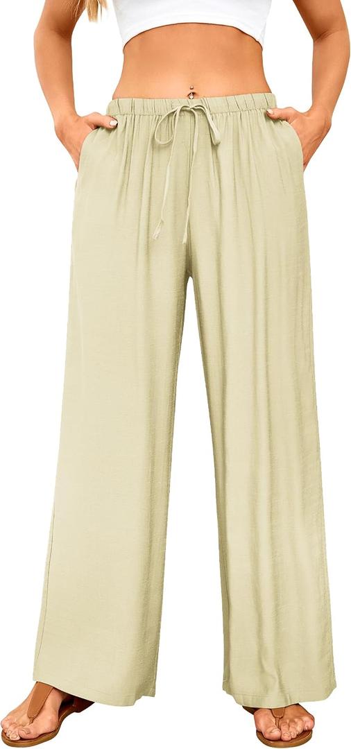 GUOLEZEEV Women Wide Leg Flowy Linen Pants Loose Drawstring Casual Pants Beach Vacation Trouser (Beige, XL)