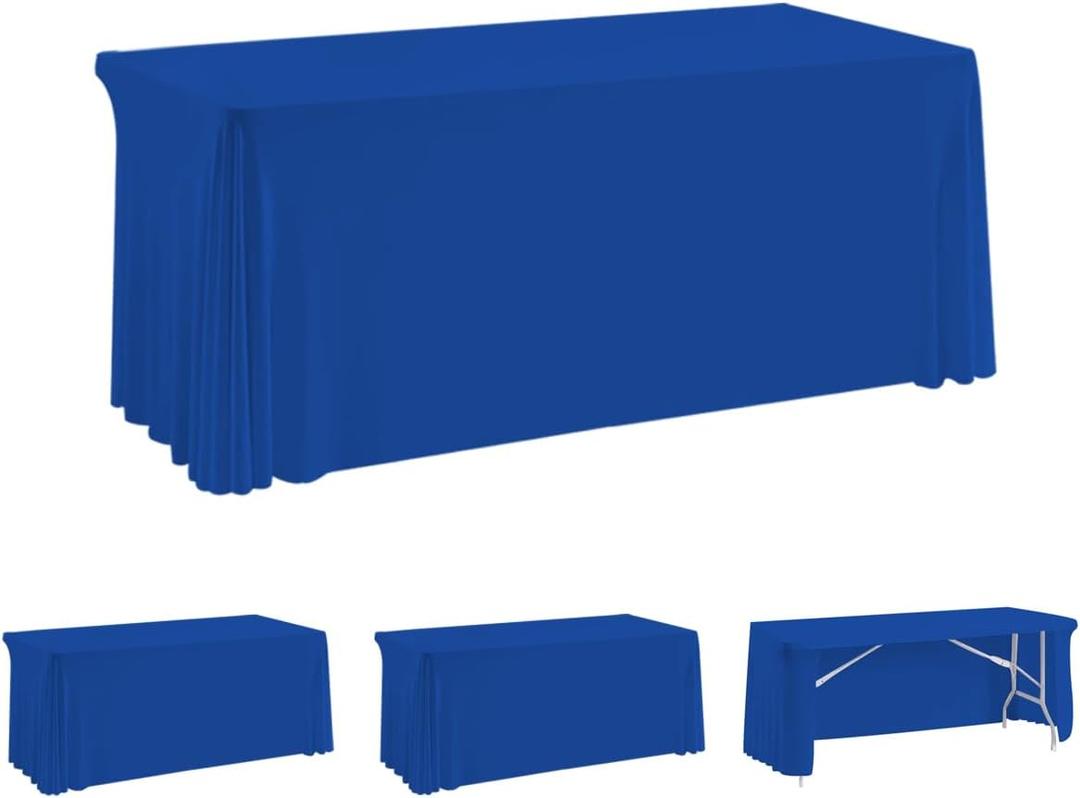 HAORUI Open Back Table Skirts, 4Pack Rectangle Wrinkle Resistant Table Clothes, Ruffles Elastic Table Cover for Banquets, Weddings, Parties (6ft Royal Blue)