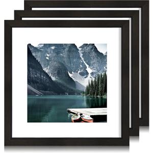 Hongkee 11x11 Black Picture Frame set of 3, Made of Wooden Square Photo frame - Displays 8x8 Picture With Mat or 11 x 11 Without Mat, Desktop and Wall Mounting Collage Frame set