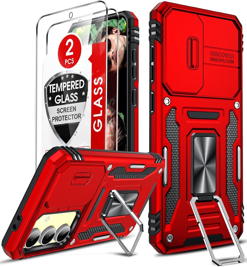 LeYi Compatible for Samsung S 24-FE Case: [NOT FIT S24] Galaxy S24FE Screen Protector Tempered Glass 2PCS, Military-Grade Dual Layer Protective para Android Galaxy FE24 Case, Red