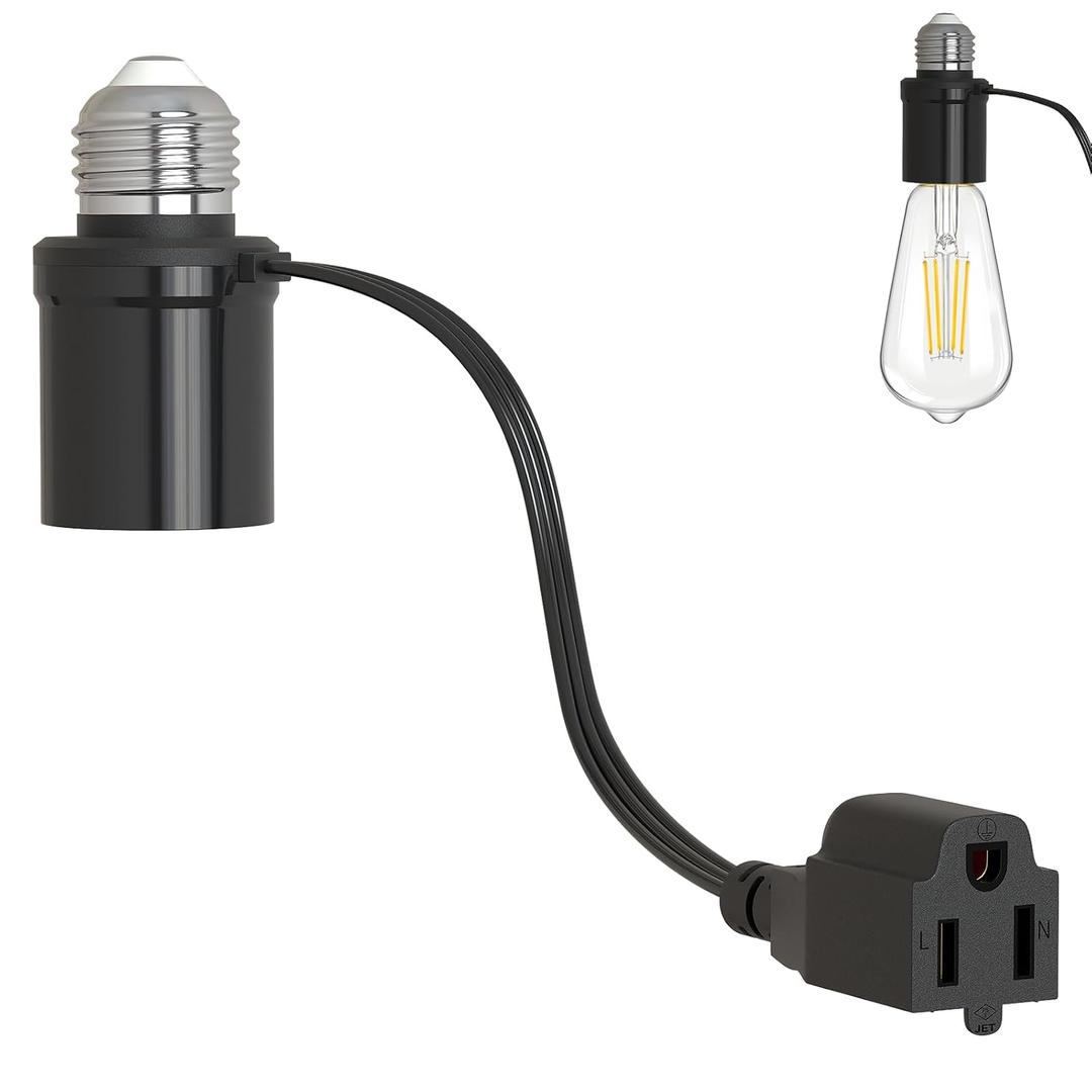 Light Socket Outlet Adapter, 3 in 1 Light Bulb Plug Adapter, Convert E26/E27 Bulb Socket to 3 Prong Outlet with Extension Cord, Suitable for Outdoor Porch Garage Patio Use 1-Pack