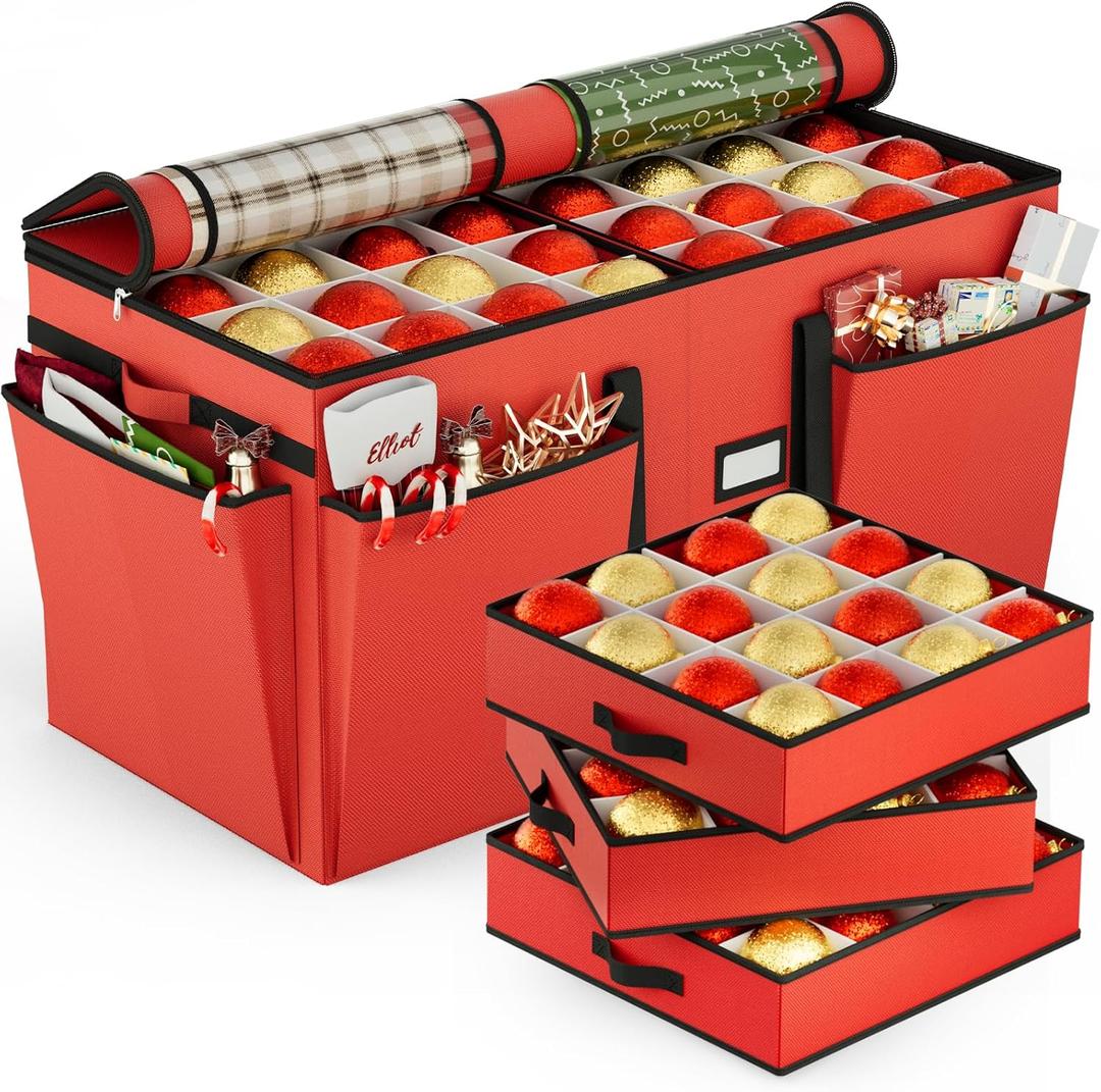 VERONLY Christmas Ornament Storage Box with 8 Trays, Christmas Storage Container for 128-3'' Holiday Ornament Decorations, Large Xmas Organizer with Adjustable Dividers, Dual Zipper and Pocket (Red)