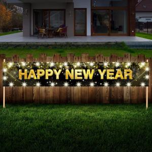 Large Happy New Year Yard Sign with LED Lights for Christmas Decorations - 118 x 19.6 Inch Black and Gold Banner with Clear Clips for Xmas New Years Eve Party Supplies