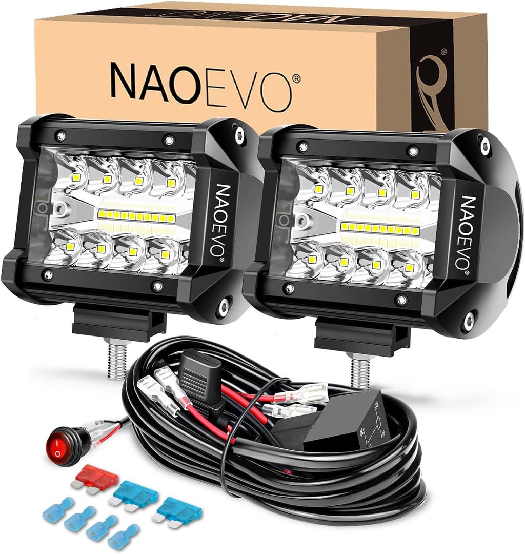 NAOEVO 4 Inch LED Pod Lights, Spot Flood LED Fog/Driving/Off Road Lights with 2 Leads Wiring Harness, Cube Pods for Truck Boat ATV UTV, 2 Pcs (White) (White)