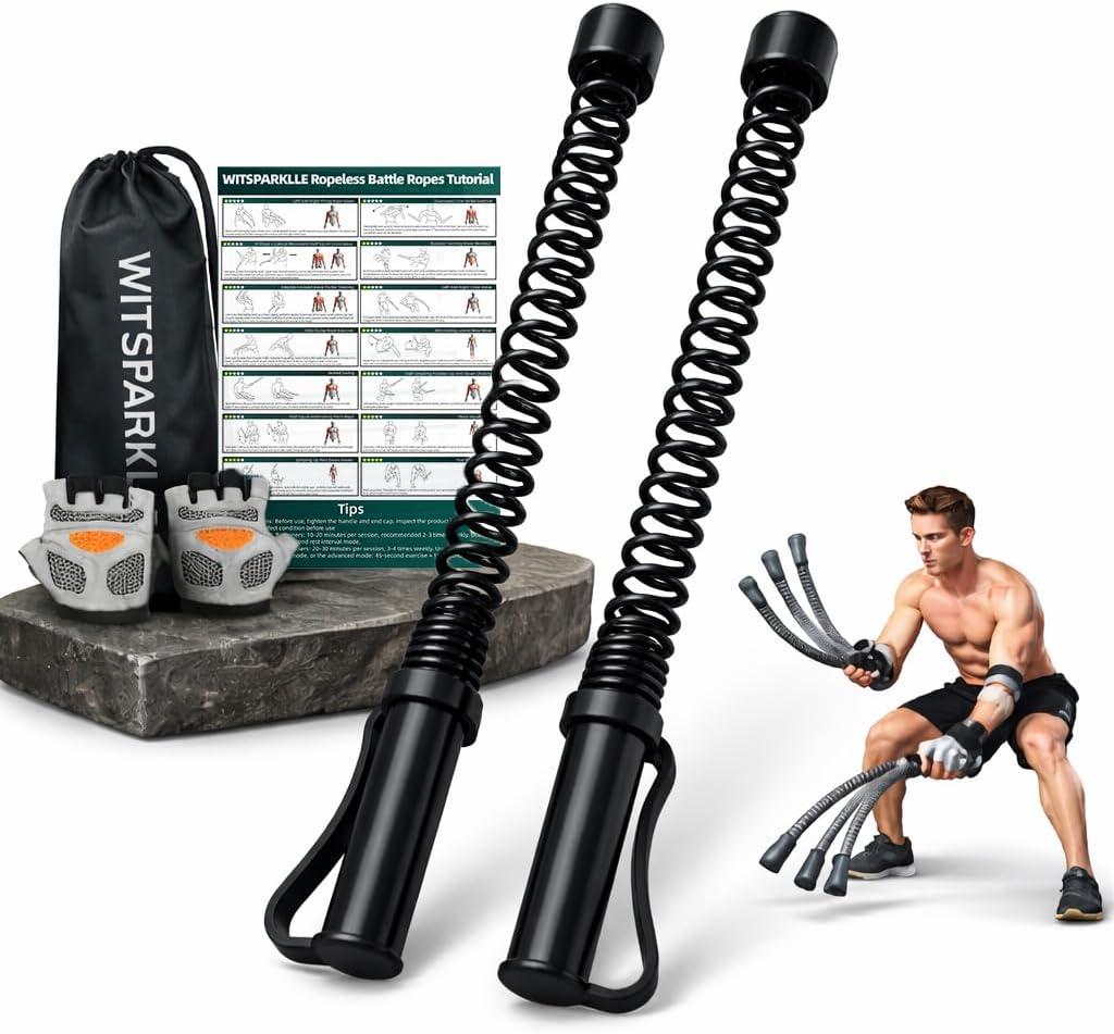2PCS Ropeless Battle Ropes for Home Gym, Portable Cordless Workout Ropes with Gloves, Bag & Tutorial, Low-Impact HIIT Fitness Equipment for Full Body Cardio and Strength Training