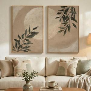 Large Framed Botanical Moon Wall Art for Living Room, Vintage Neutral Nature Canvas Painting Prints Set of 2, Rustic Farmhouse Minimalist Leaf Wall Decor for Bedroom Dining room Hallway, 24x36 Inch