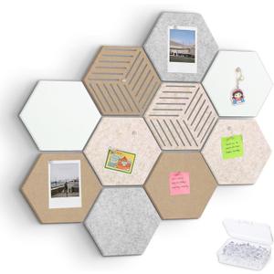 Thboxes 10 Pack Hexagon Cork Board, 12" x 10" Self-Adhesive Felt Bulletin Board Tiles with 40 Pushpins, Pin Boards for Wall Decor Home Office School DIY Display Boards for Photos (Camel Color Theme)