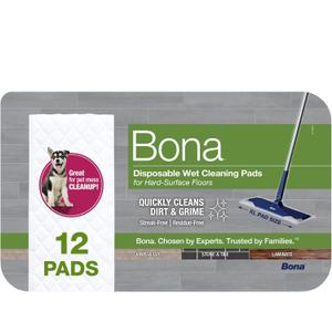 Bona Multi-Surface Floor Disposable Wet Cleaning Pads - 12-Pack - Residue-Free Floor Cleaning Solution for Stone, Tile, Laminate, and Vinyl Floors