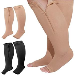 Hillban 2 Pair Plus Size Calf Zipper Compression Socks 15 to 20 Mmhg Open Toe Compression Stockings for Overweight Women Men, XXL