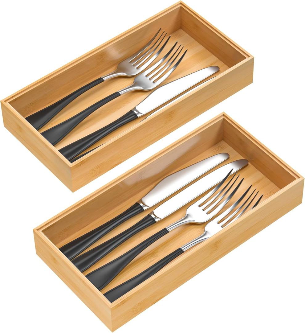 Silverware Tray for Drawer, Stackable Kitchen Bamboo Drawer Organizer 12" x 6" x 2" Set of 2
