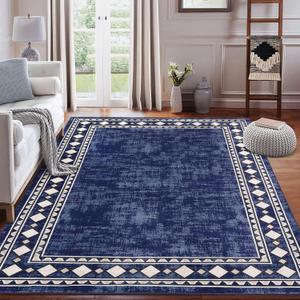 CAROMIO 9x12 Area Rug Modern Bordered Large Area Rug Machine Washable Rug for Living Room, Stain Resistant Non-Slip Accent Rug Minimalist Border Floor Cover Carpet for Bedroom Decor, Navy