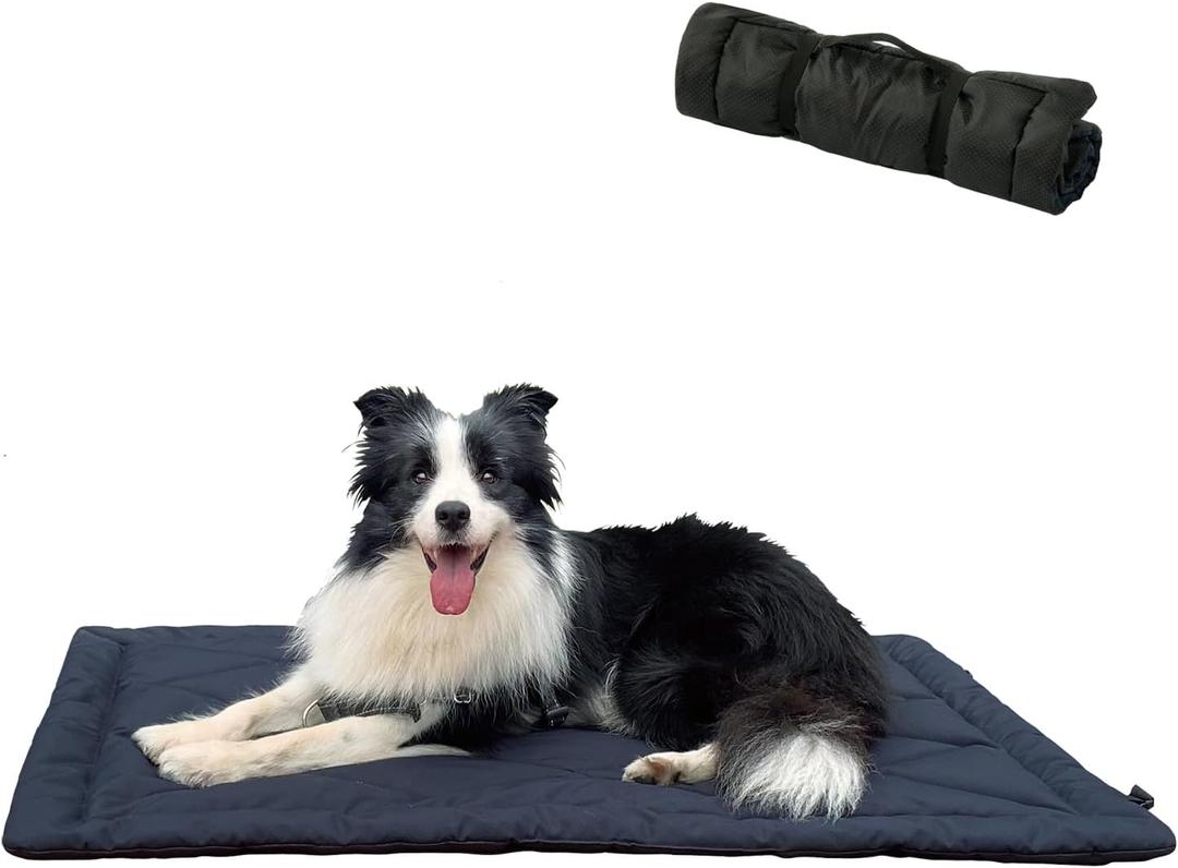 Rollup Camping Outdoor Dog Bed, Portable Dog Travel Mat with Carry Handles for Medium Large Dogs, Waterproof Washable Pet Pad,42 * 28Dark Blue