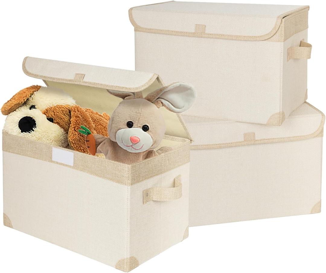 ANILD Large 17" 42 Quarts Linen Fabric Foldable Storage with PU Leather Handles, Convenient and durable Collapsible Stackable Storage Bins Best for Home, Closet, Office (16.7 x 12 x 12, 3 Pack) (Beige-White)