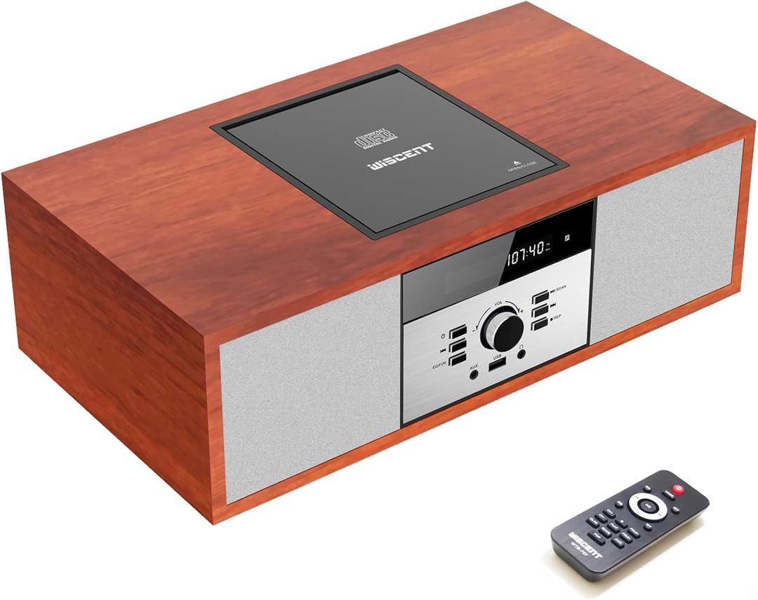 Nostalgic Bluetooth Stereo System for Home, WISCENT Vintage Micro HiFi Systems CD Player,with Bluetooth Audio Streaming,FM Radio,USB Port,Aux-in,Earphone Port (Brown)