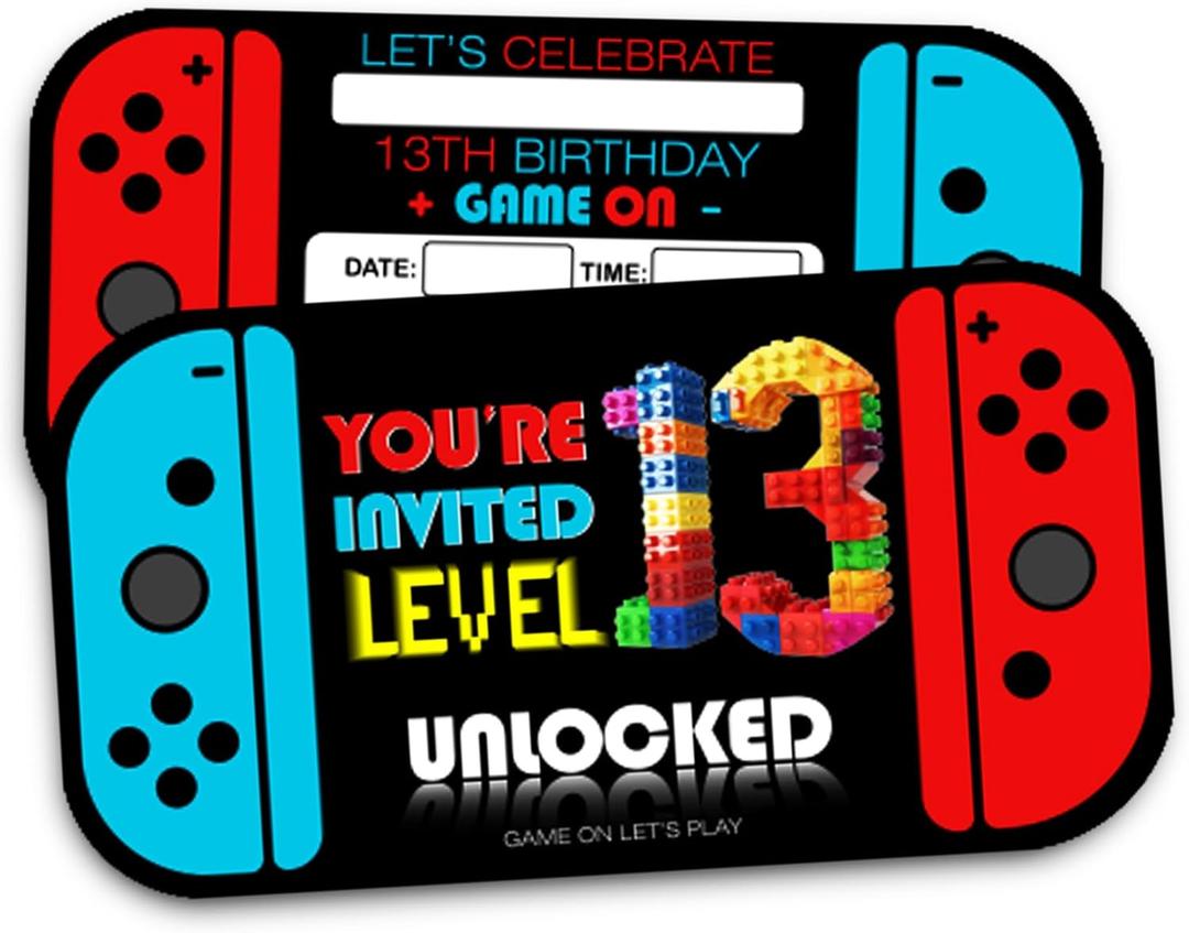 XIAOPNN Video Game 13th Birthday Party Invitation for Boys, 13 Years Old Kids Games Birthday Party Supplies, 30 Cards With 30 Envelopes (White)