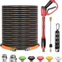 Pressure Washer Gun and Hose Kit, 4800PSI Flexible & Kink-Resistant - Steel Braided & Durable High Power Washer Hose 100 FT with 3/8" Swivel Quick Connector and M22 14mm Adapters & 5 Nozzles