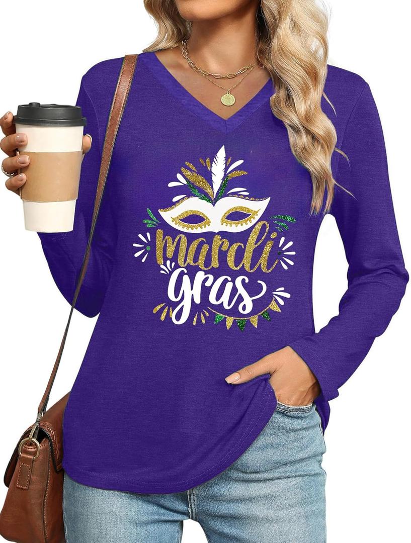 Mardi Gras Shirts for Women Mardi Gras Long Sleeve Shirt Fat Tuesday T Shirts Mask Graphic Tees New Orleans Party V Neck Top, 2XL