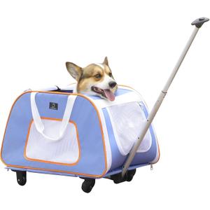 A4 Pet Pet Carrier with Wheels,Foldable Dog Carrier on Wheels for Medium Dogs Up to 33 LBS with Removable Base,Extendable Handle & 4-Wheels Design,Mesh Ventilation Windows and Safety Rope, Blue