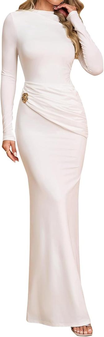 Women's Long Sleeve Ruched Bodycon Maxi Dress Fall Winter Formal Elegant Cocktail Party Dresses (Medium, White)