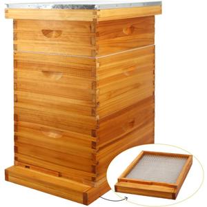 MayBee 10 Frame Screened Bottom Board Beehive Dipped in 100% Beeswax, Bee Hives Kit Includes 2 Deep Boxes & 1 Medium Box with Beehive Frames and Heavy Wax Coated Foundations.Preferred for Summer