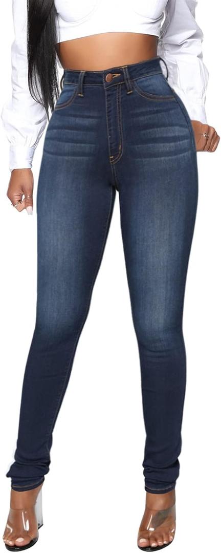 KUNMI Womens Classic High Waisted Skinny Stretch Butt Lifting Jeans Slim Fit Denim Pants (XX-Large, Blue Black)